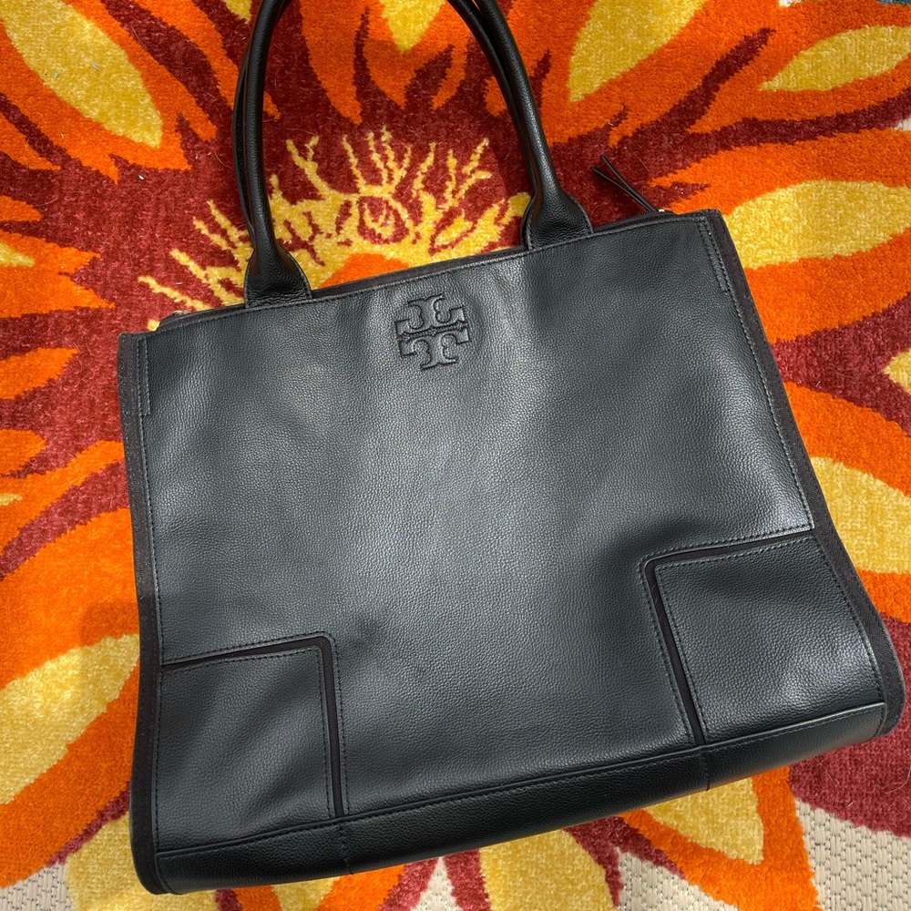 Tory Burch Ella Canvas Leather Large Tote Laptop Bag Black
